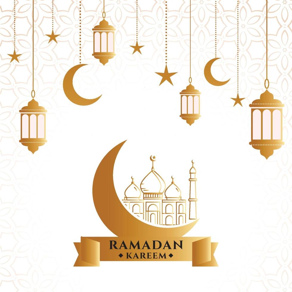 Ramadan kareem saudação em ilustração vetorial de fundo desfocado desenho islâmico lua crescente e silhueta de cúpula de mesquita com padrão árabe e caligrafia vetor