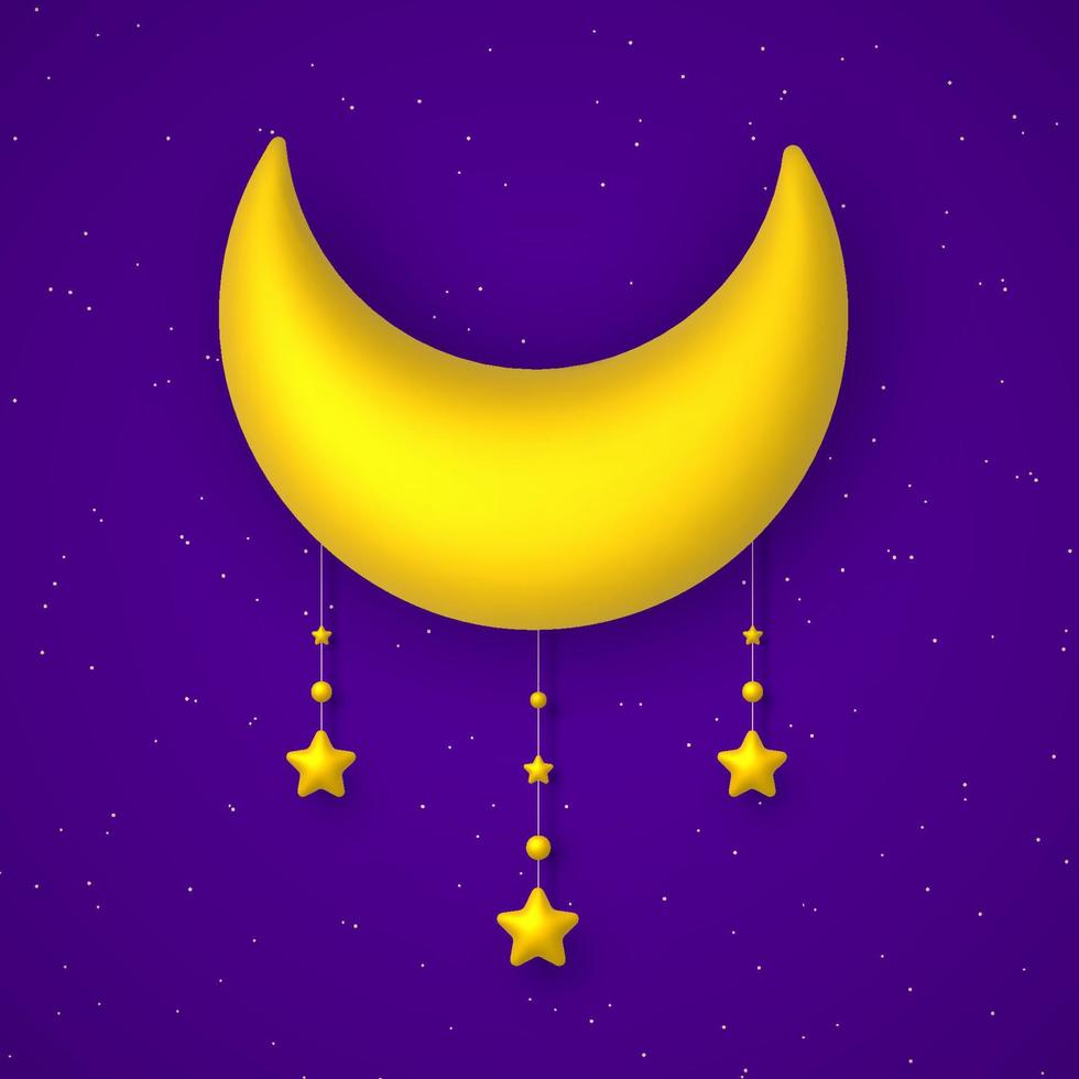 fofa fundo com azul noite céu, dourado lua e estrelas festão. vetor ilustração.