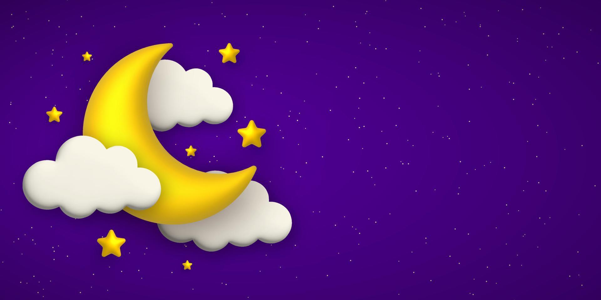 noite céu fundo com fofa 3d nuvens, dourado lua e estrelas. vetor ilustração.