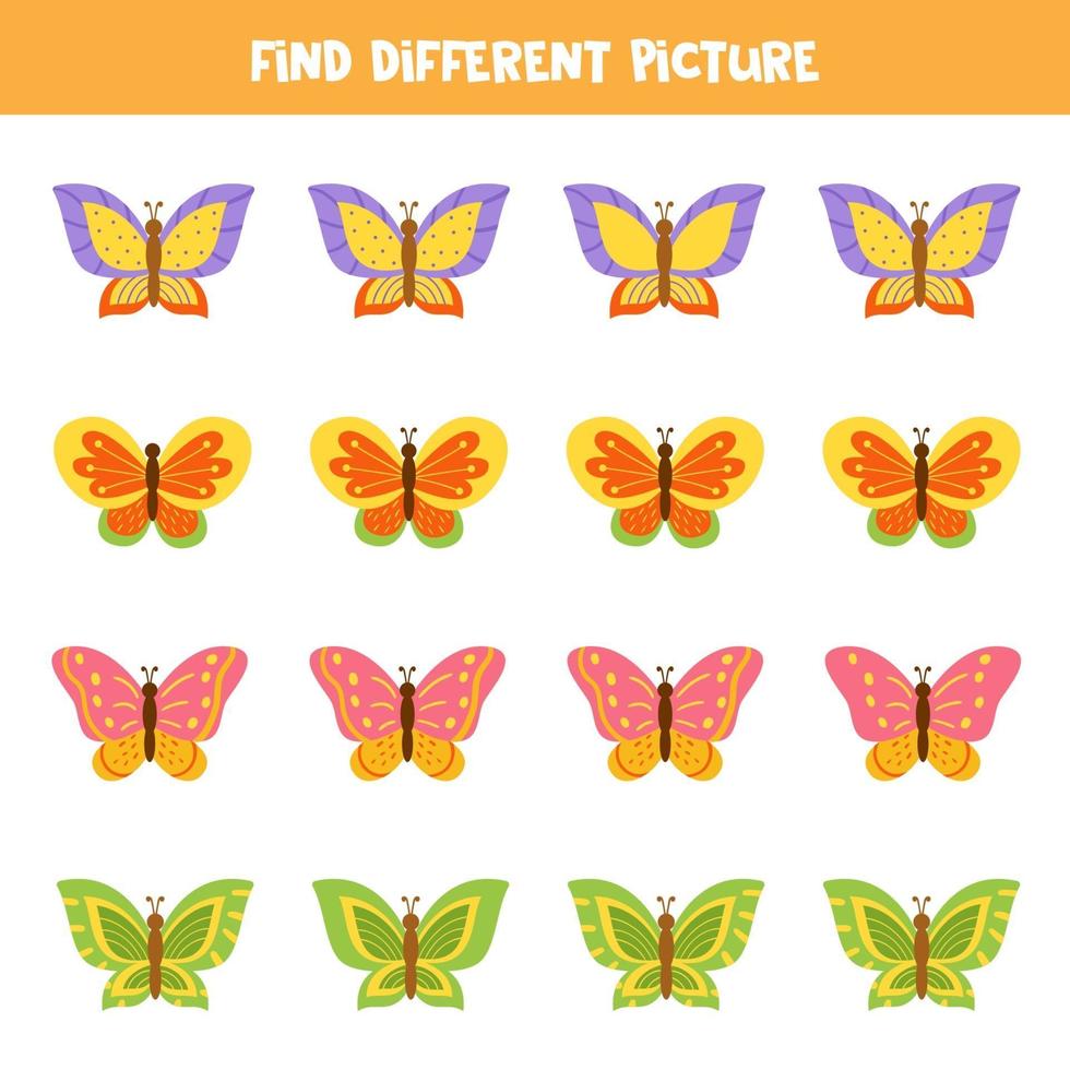 encontre uma borboleta diferente das outras. planilha para crianças. vetor