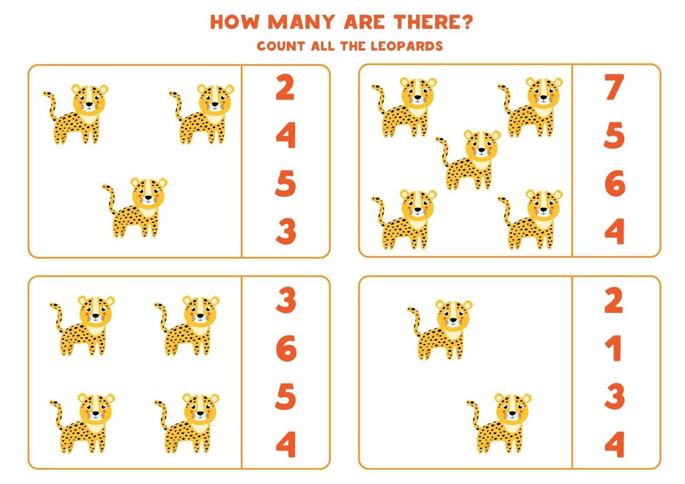 contando jogo de matemática com leopardos bonitos dos desenhos animados. vetor