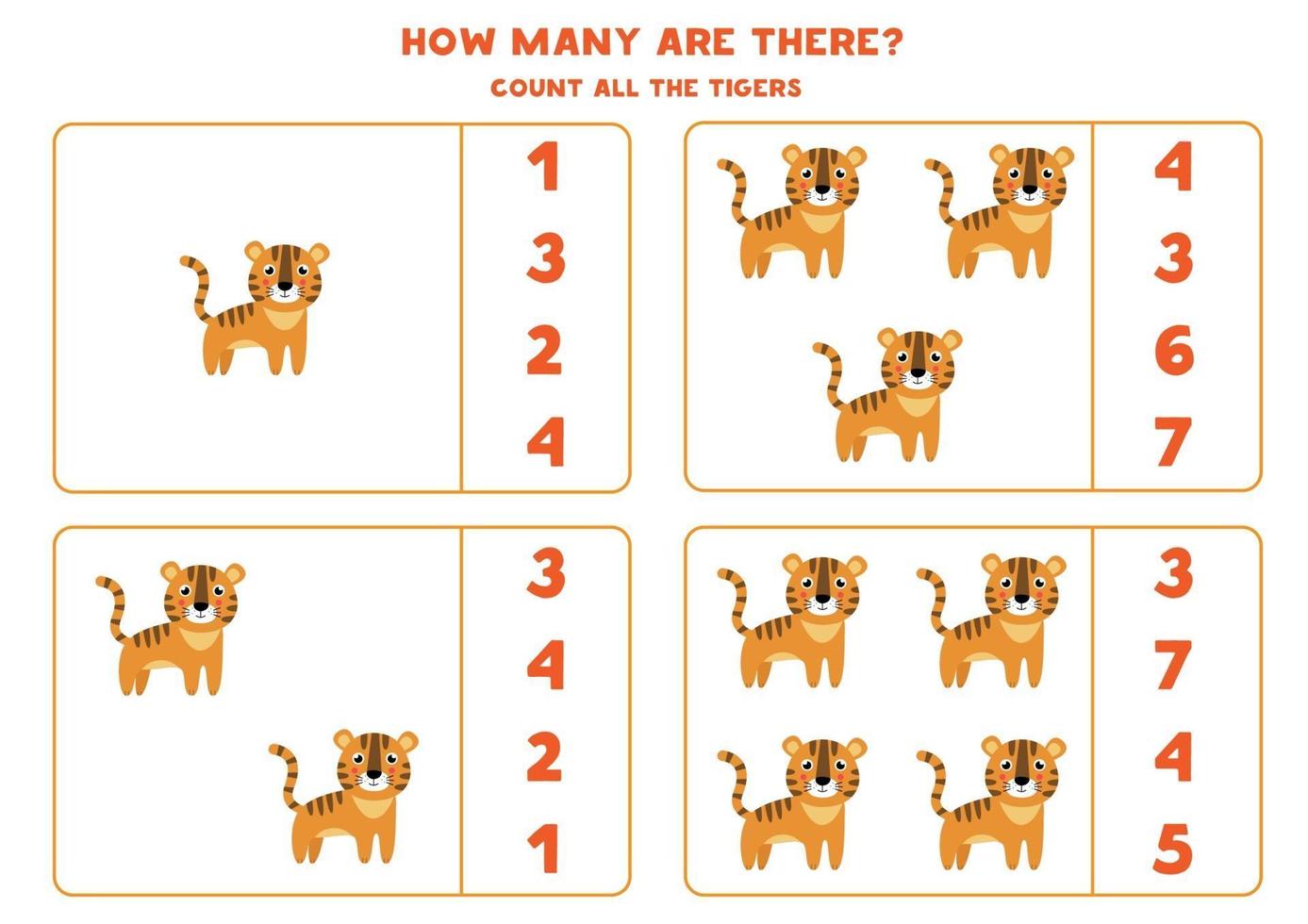 contando jogo de matemática com tigres bonitos dos desenhos animados. vetor