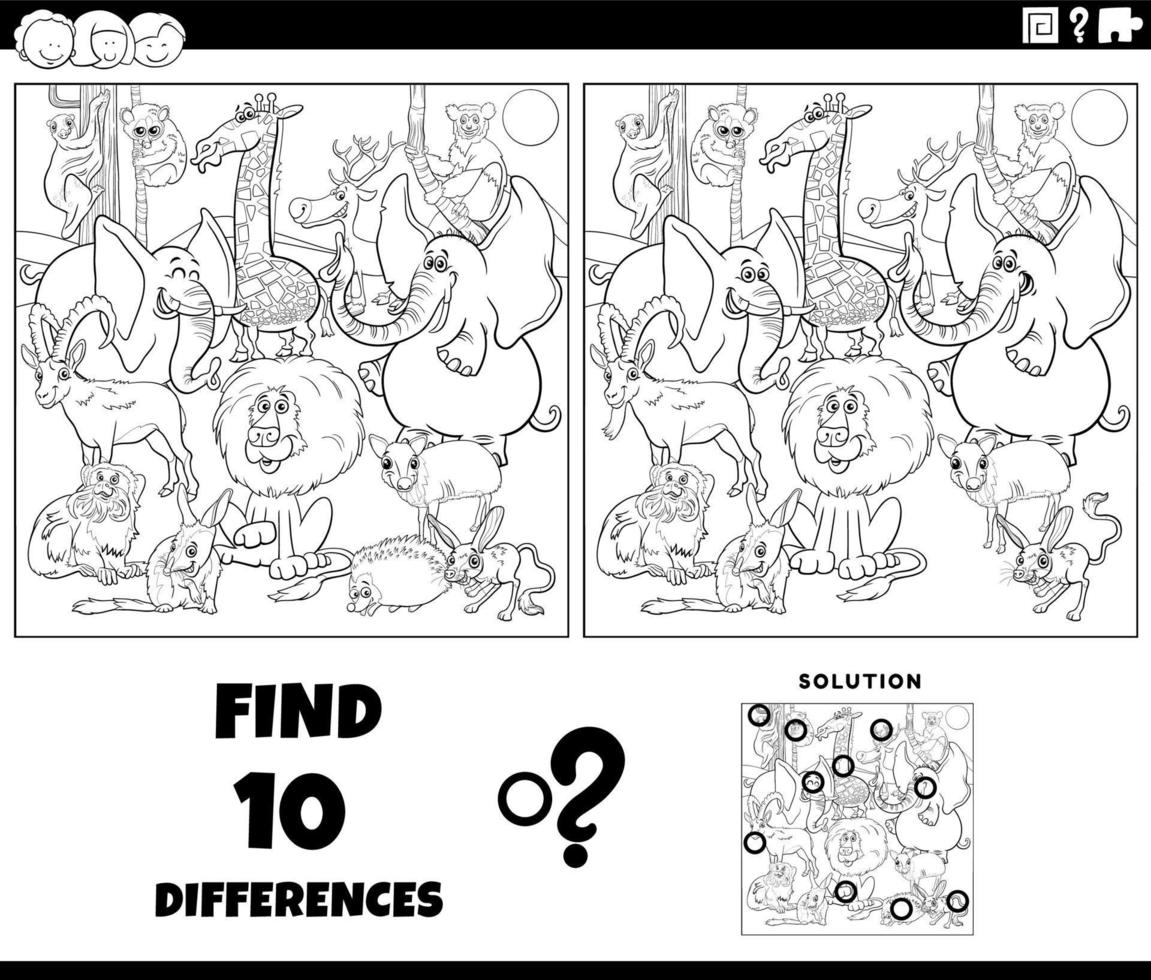 diferenças jogos com selvagem animais coloração página vetor