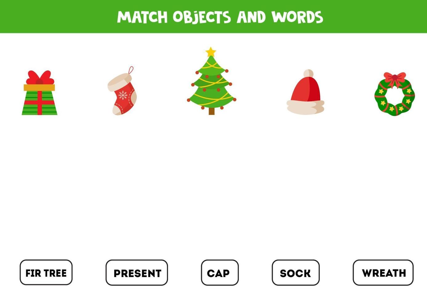 jogo de correspondência. conecte palavras com imagens. jogo lógico com tema de natal. vetor