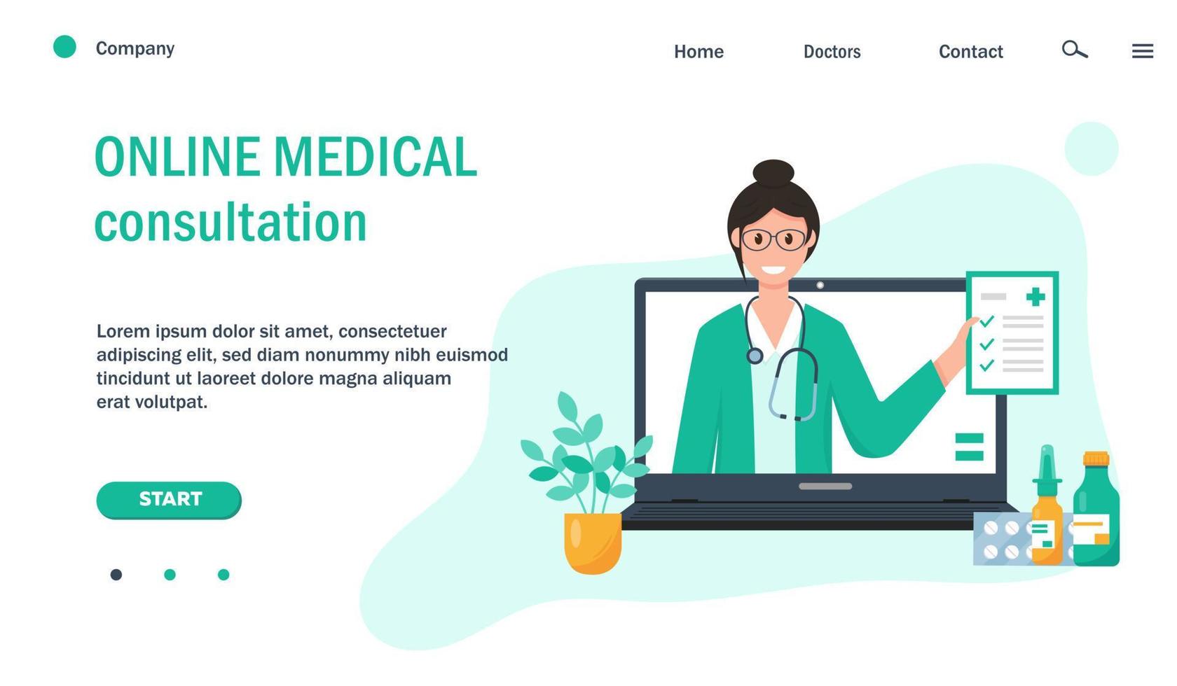 conectados médico consulta conceito. rede página modelo com fêmea médico em computador tela e medicamento. conectados remédio e cuidados de saúde inscrição bandeira para local na rede Internet. vetor ilustração.