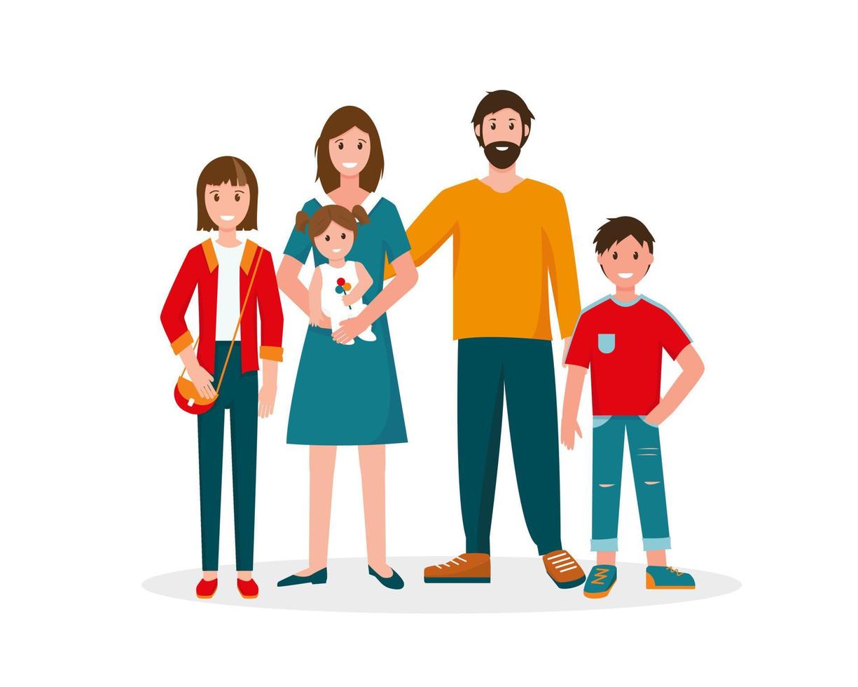 feliz família retrato. pai, mãe e três crianças. vetor ilustração em branco fundo.