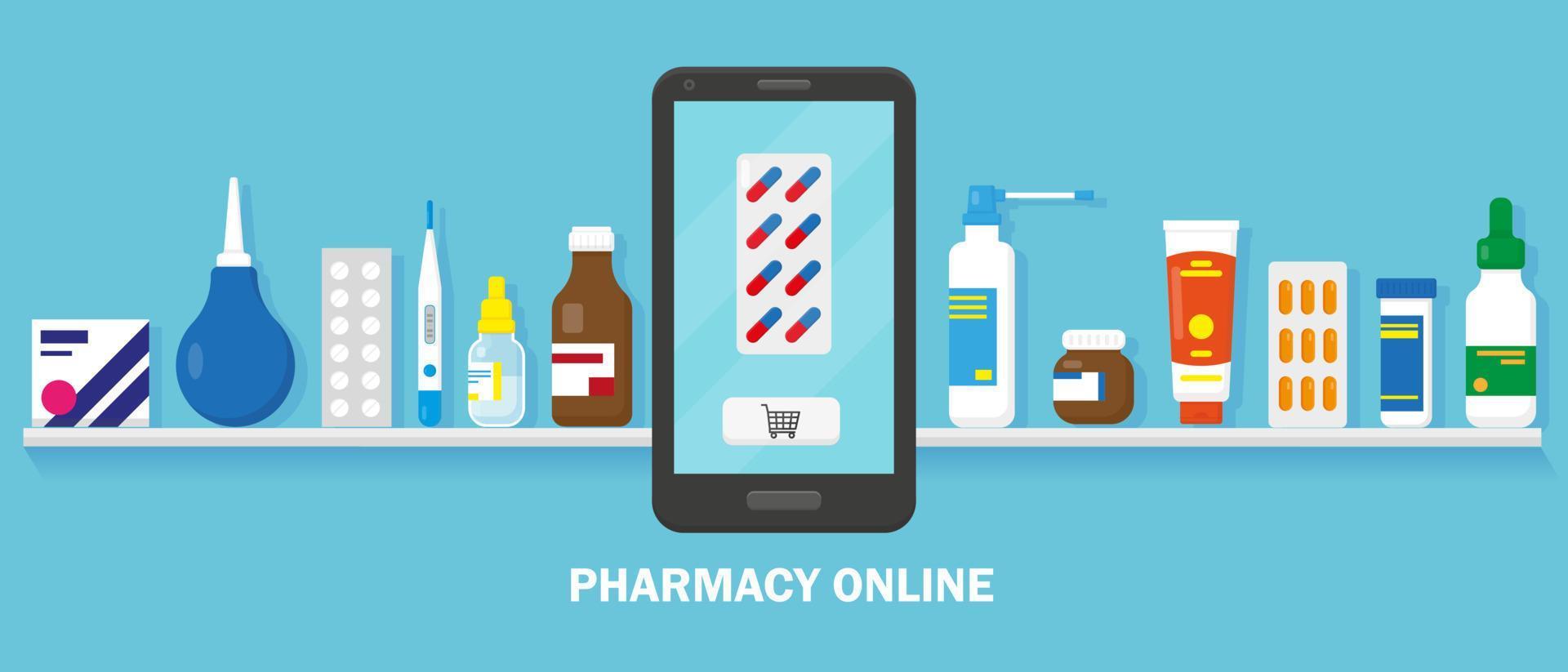 conectados farmacia conceito. medicação em a estante e Smartphone para comprando em a azul fundo. vetor ilustração.