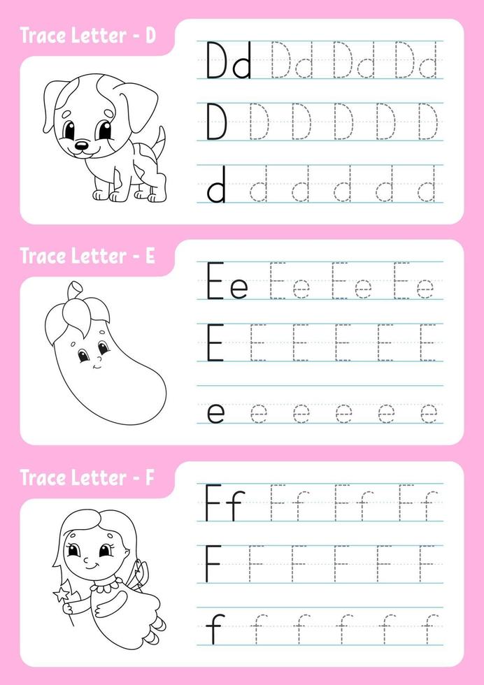 escrever as letras d, e, f. página de rastreamento. planilha para crianças. folha de prática. aprenda o alfabeto. personagens fofinhos. ilustração vetorial. estilo de desenho animado. vetor