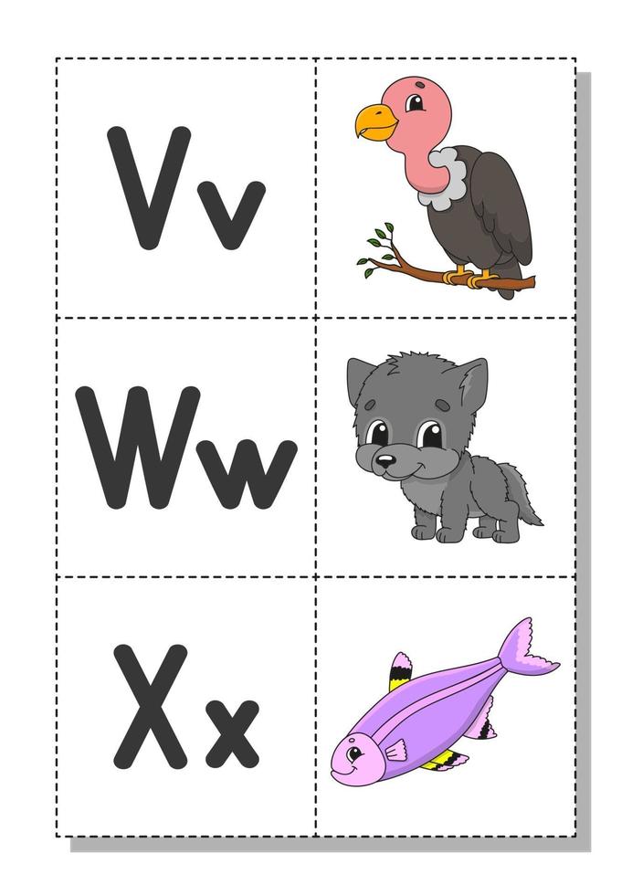 alfabeto inglês com personagens de desenhos animados v, w, x. cartões de memória flash. conjunto de vetores. estilo de cor brilhante. aprenda abc. letras maiúsculas e minúsculas. vetor