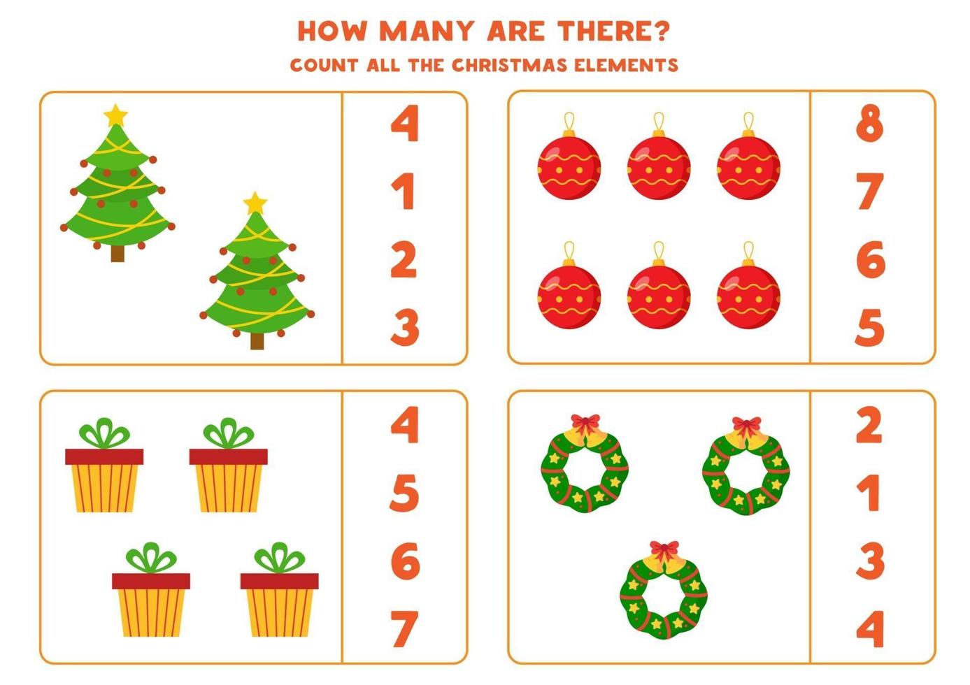 jogo de contagem para crianças. planilha de matemática com o tema natal. vetor