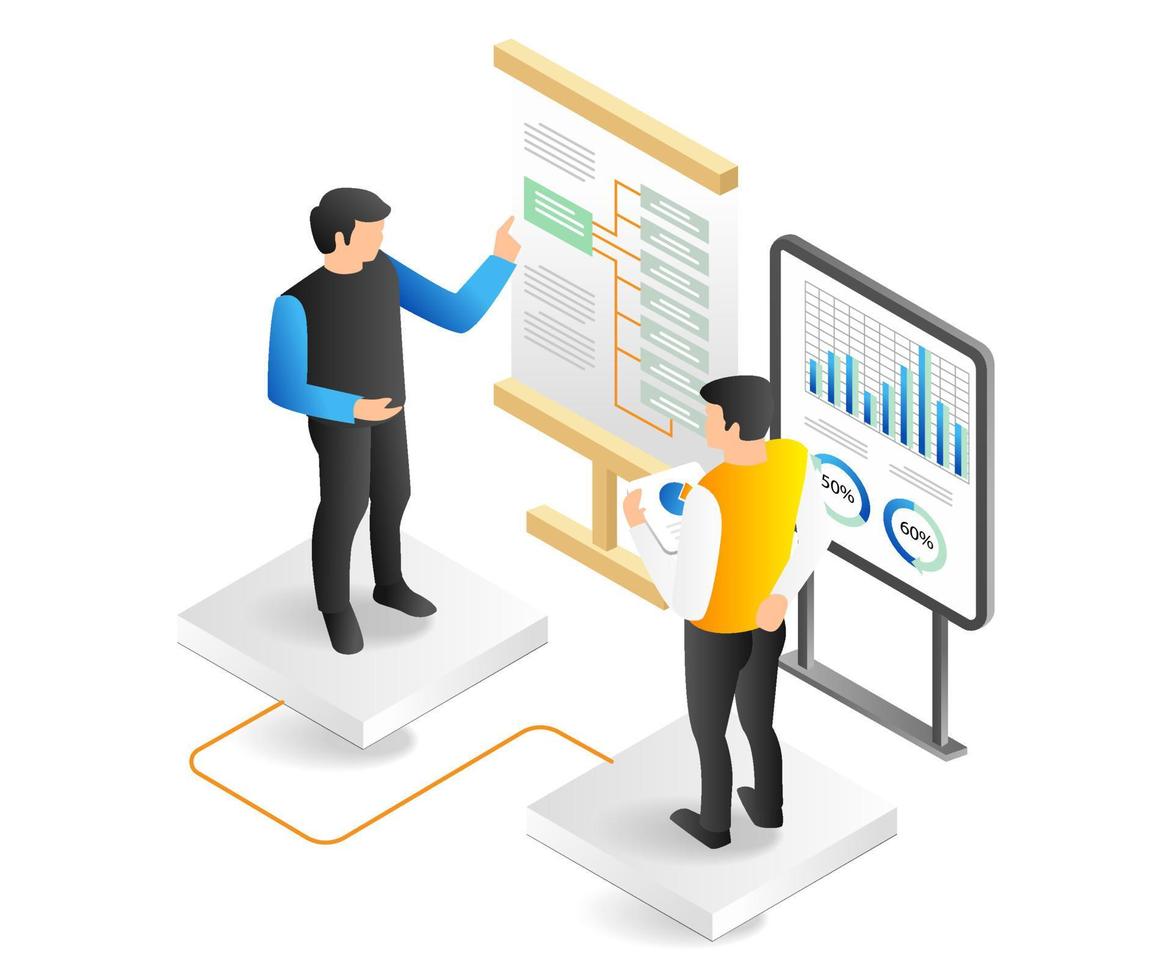isométrico 3d plano ilustração conceito do dois homens composição o negócio crescimento galhos vetor