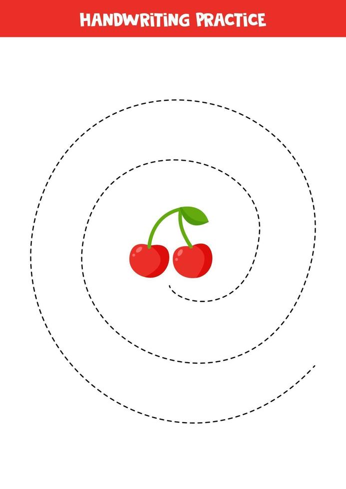 traçando linhas com cereja. prática de habilidades de escrita para crianças. vetor