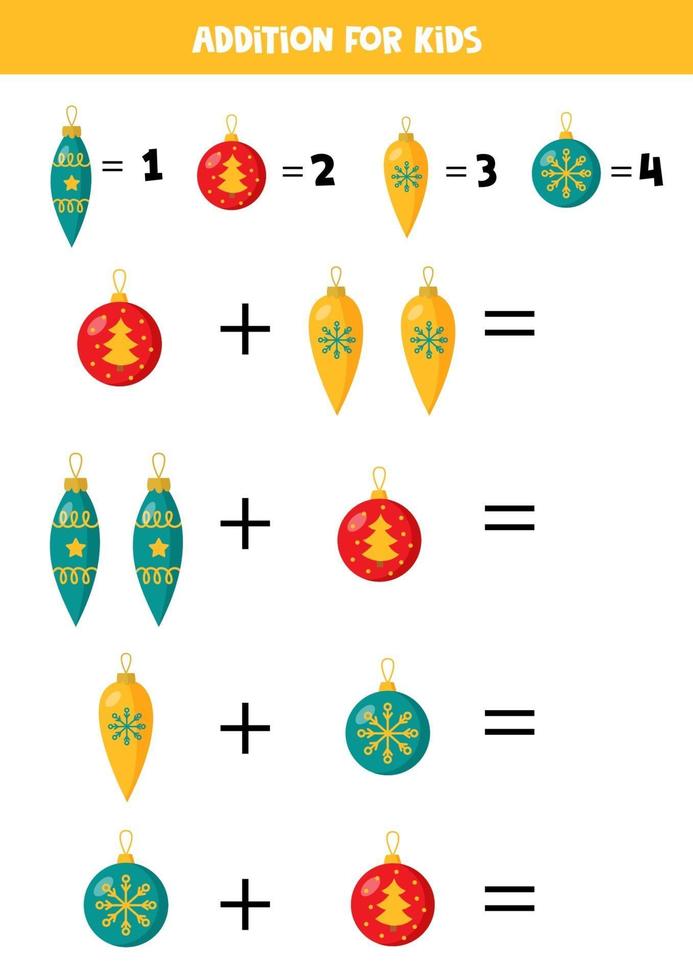 adição com bolas de natal. jogo matemático para crianças. vetor