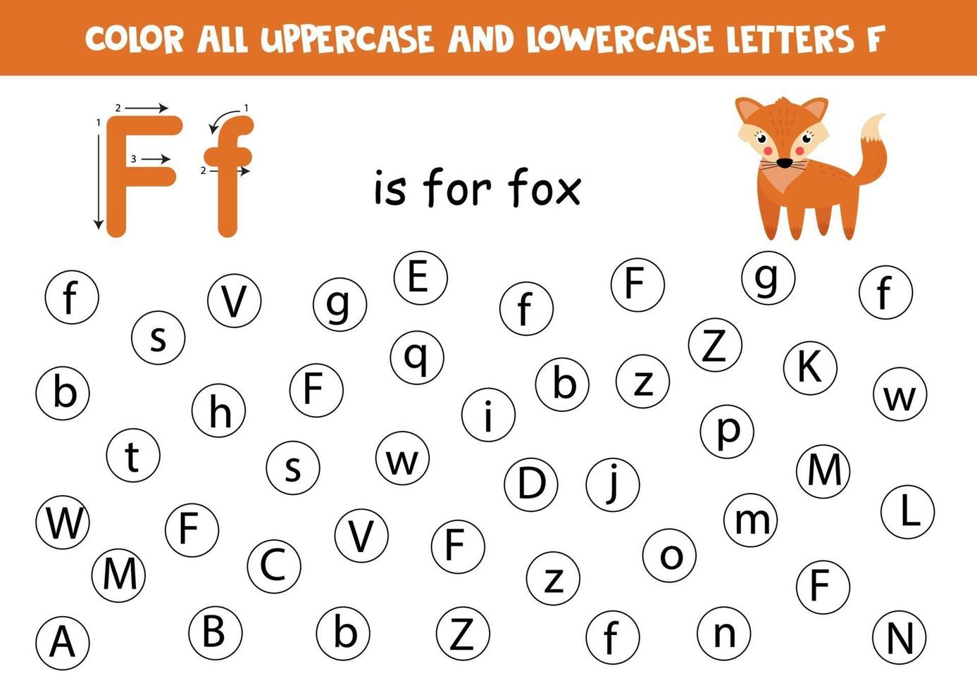 encontrar e colorir todas as letras f. jogos de alfabeto para crianças. vetor