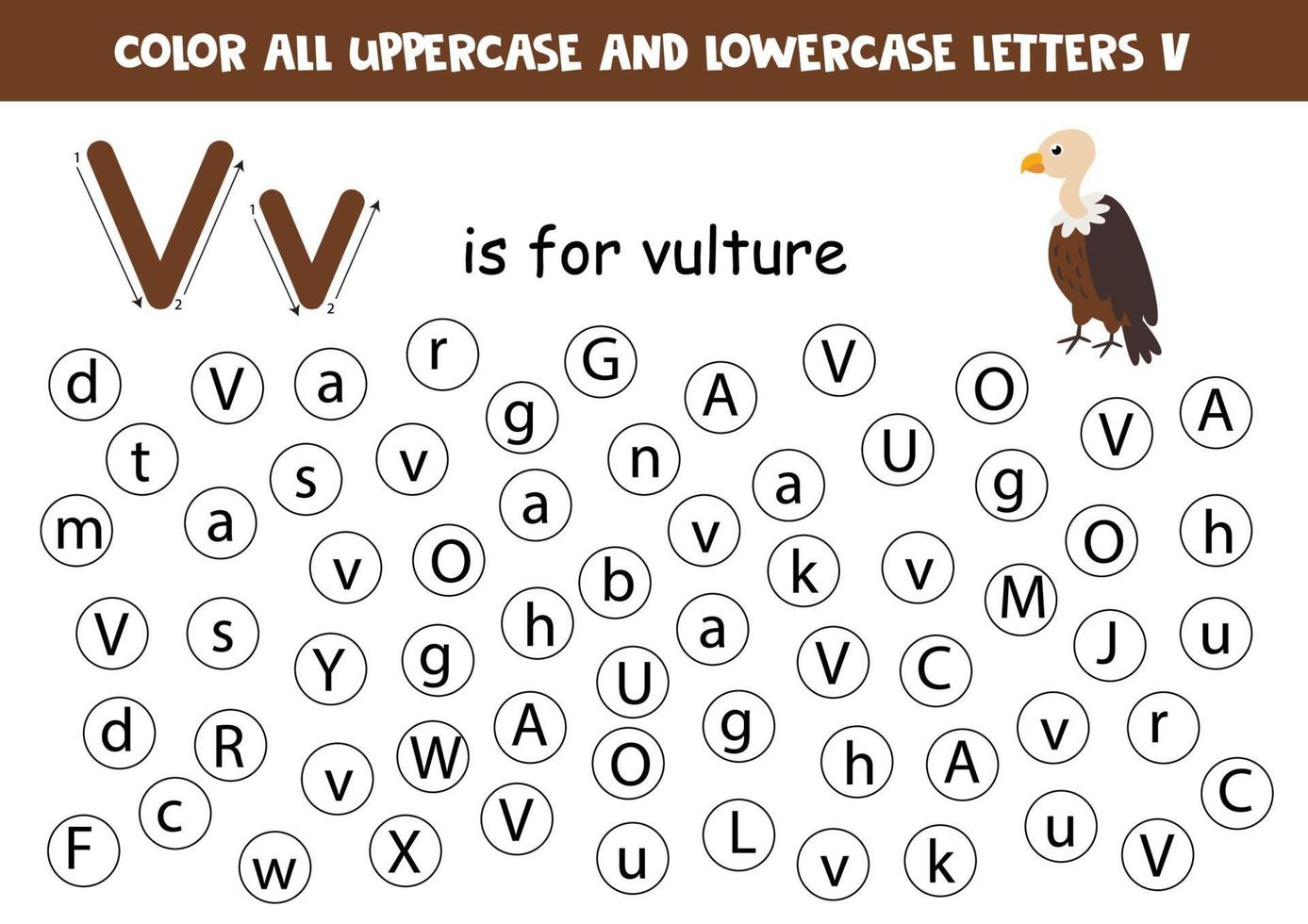 encontrar e colorir todas as letras v. jogos de alfabeto para crianças. vetor