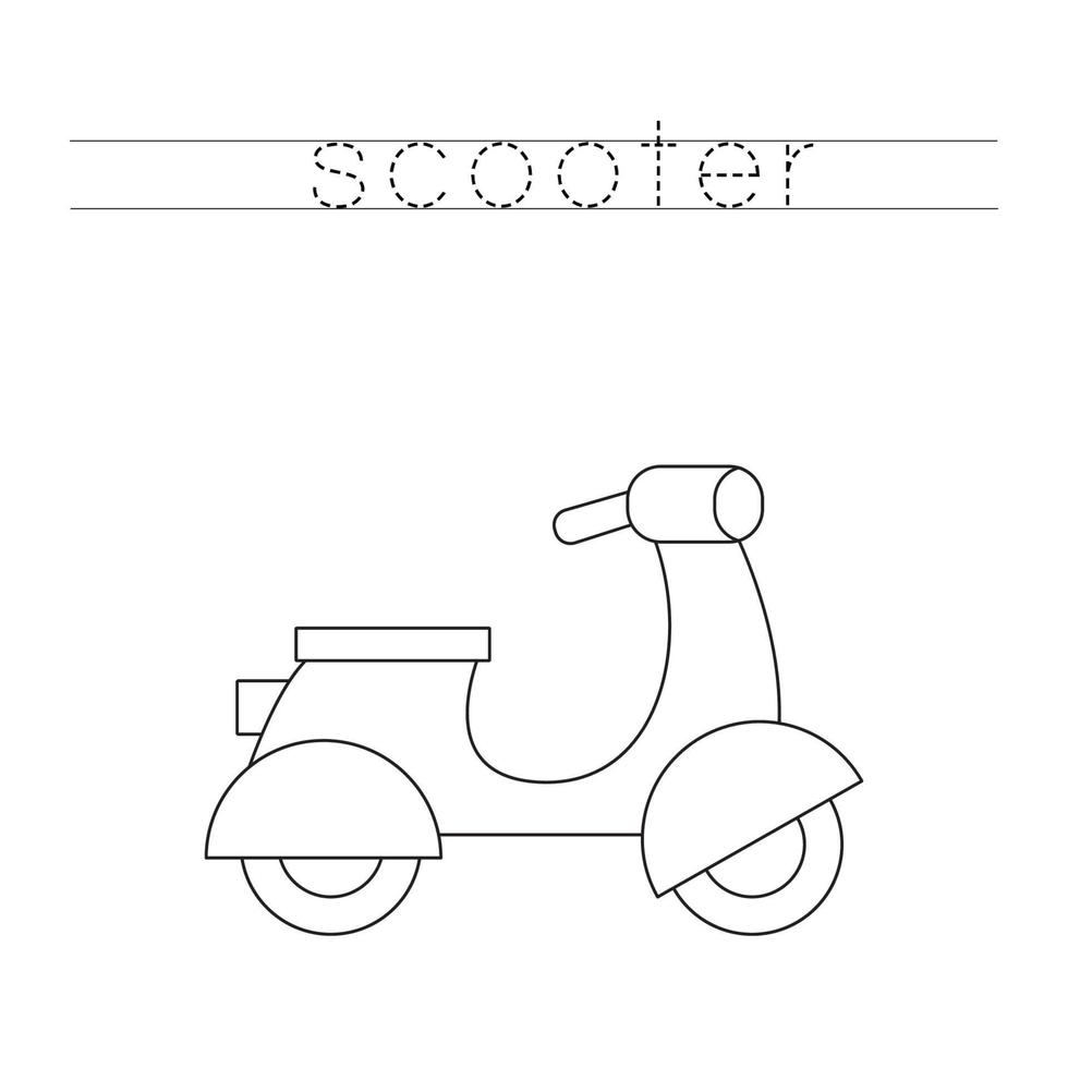 rastreamento de letras com scooter a motor dos desenhos animados. prática da escrita. vetor