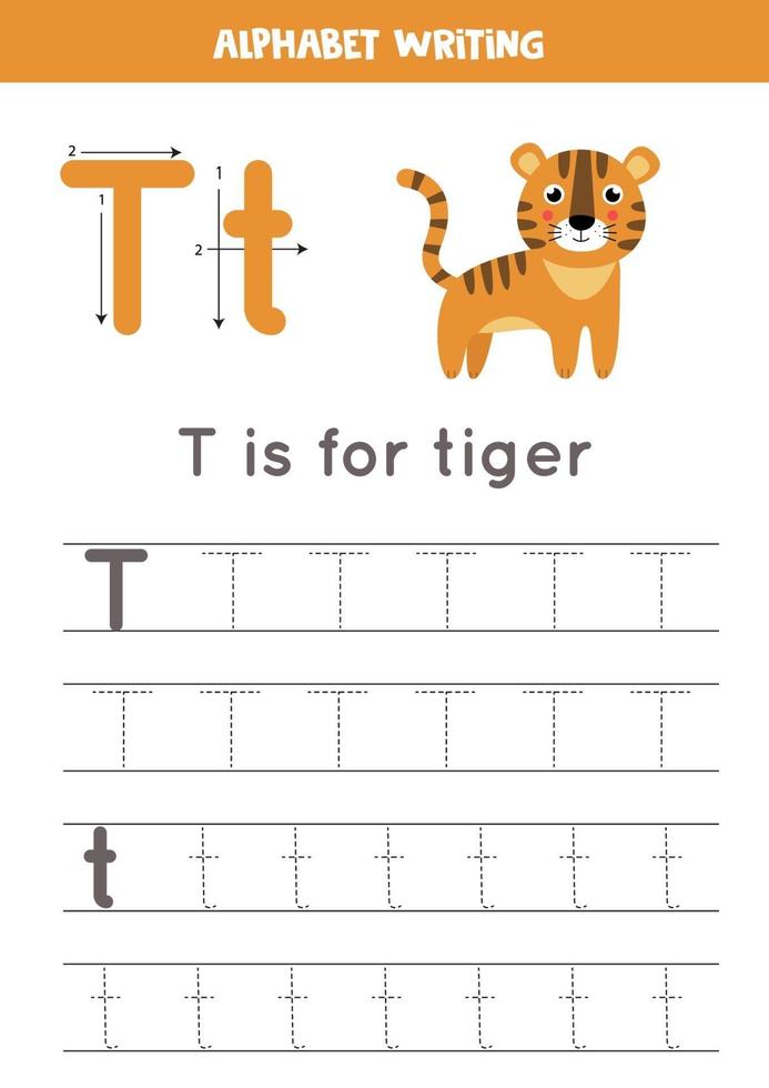 rastreando a letra t do alfabeto com tigre bonito dos desenhos animados. vetor