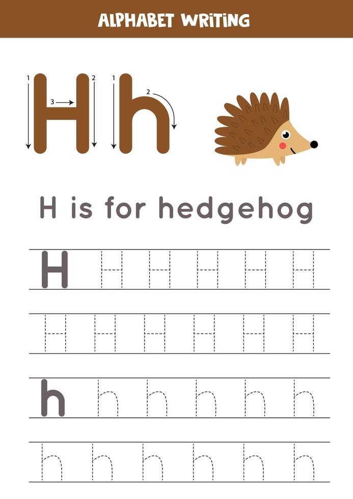 rastreando a letra h do alfabeto com ouriço bonito dos desenhos animados. vetor