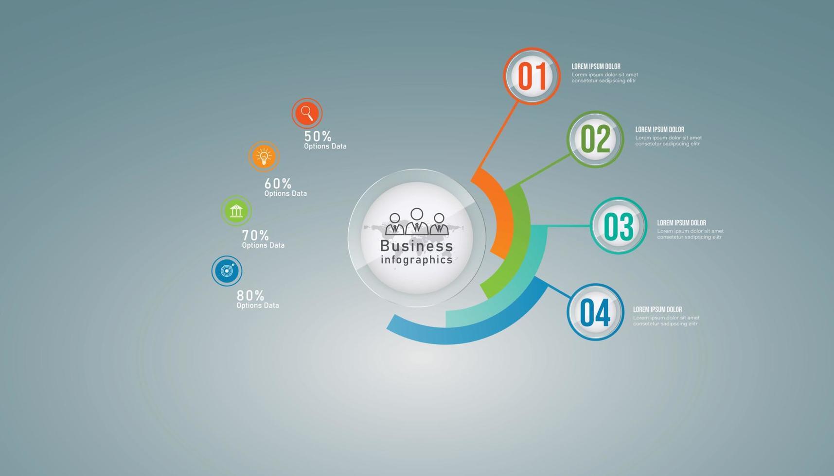 círculo infográfico de negócios forma quatro opções, processo ou etapa para apresentação. pode ser usado para apresentações, layout de fluxo de trabalho, banners e web design. conceito de negócio com 4 opções, etapas, peças. vetor