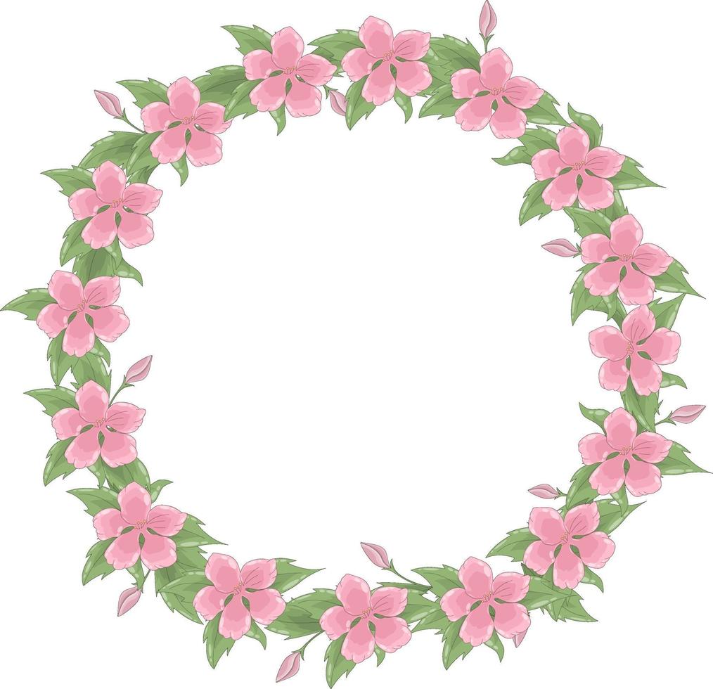 coroa de flores de vetor de muitas flores rosa delicadas e folhagens. moldura de primavera tem um lugar para texto dentro