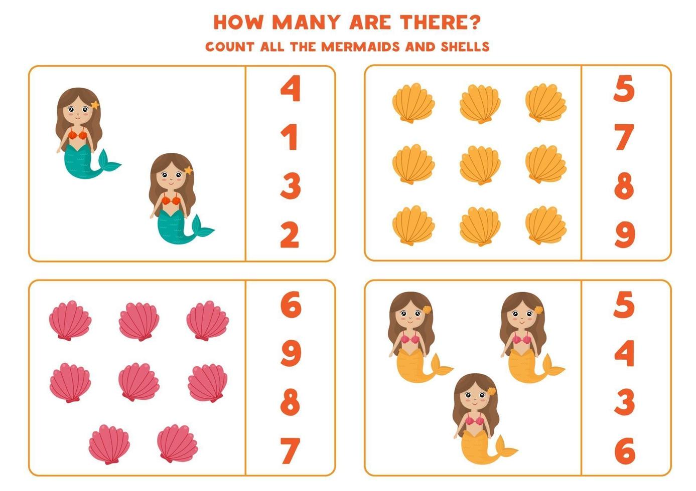 jogo de contagem com sereias e conchas. planilha de matemática. vetor