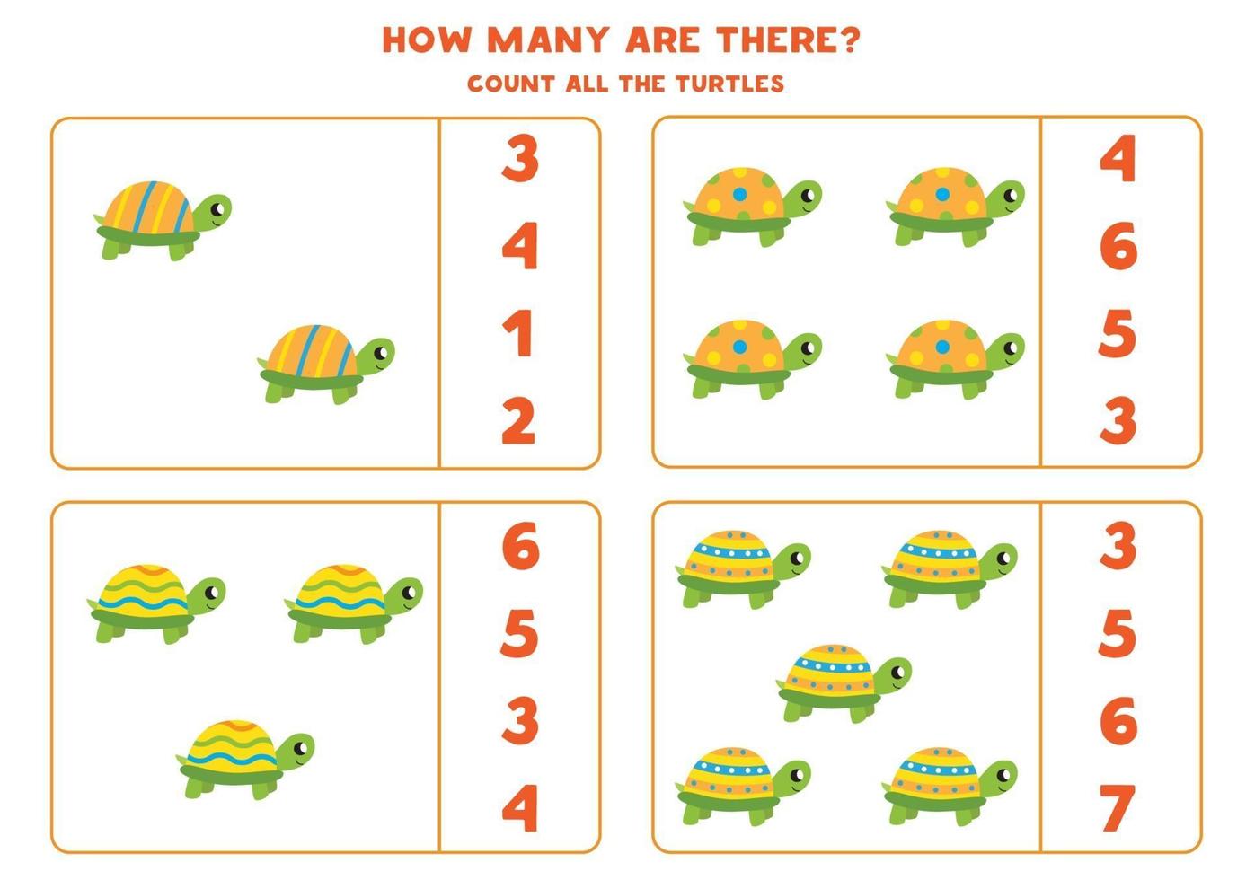 contando o jogo com tartarugas fofas. planilha de matemática. vetor
