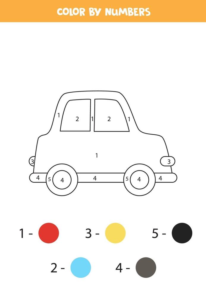 carro dos desenhos animados da cor por números. planilha para crianças. vetor
