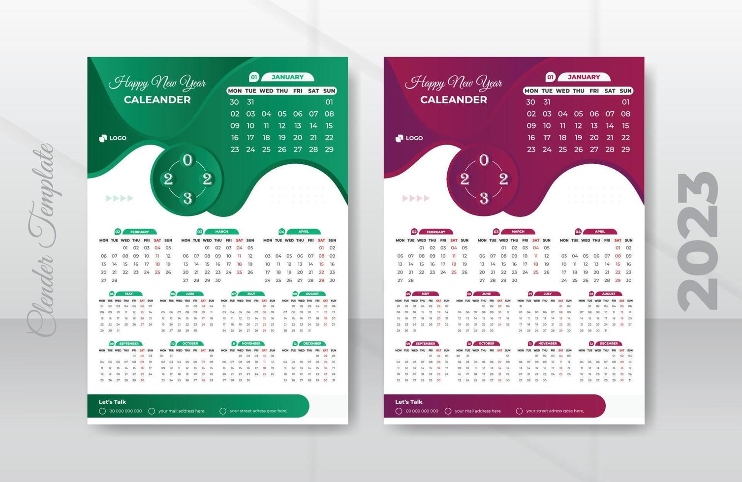 2023, 2024, 1 página parede calendário Projeto modelo vetor