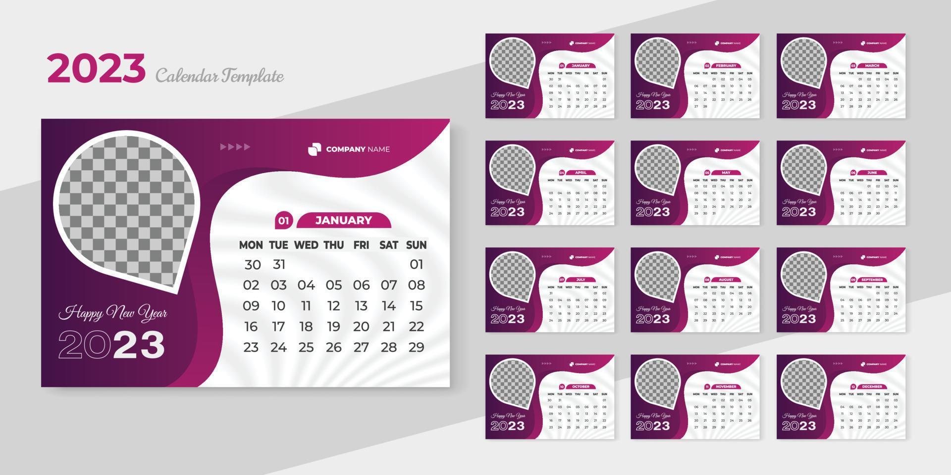 calendário Projeto 2023 modelo Novo escrivaninha e parede calendário Projeto com criativo e moderno formas para pronto para impressão vetor