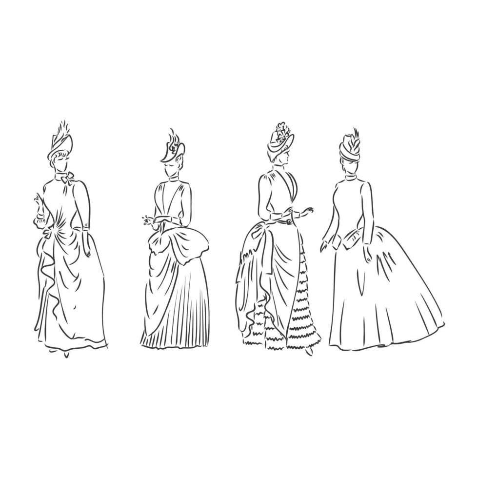 senhora vestida de antiguidades. ilustração vetorial de moda antiga. mulher vitoriana em vestido histórico. desenho estilizado vintage, estilo retro da xilogravura. vestido retrô, desenho vetorial sobre fundo branco vetor