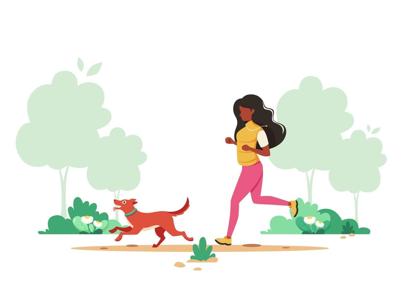 mulher negra correndo com o cachorro no parque primavera. estilo de vida saudável, esporte, conceito de atividade ao ar livre. ilustração vetorial. vetor