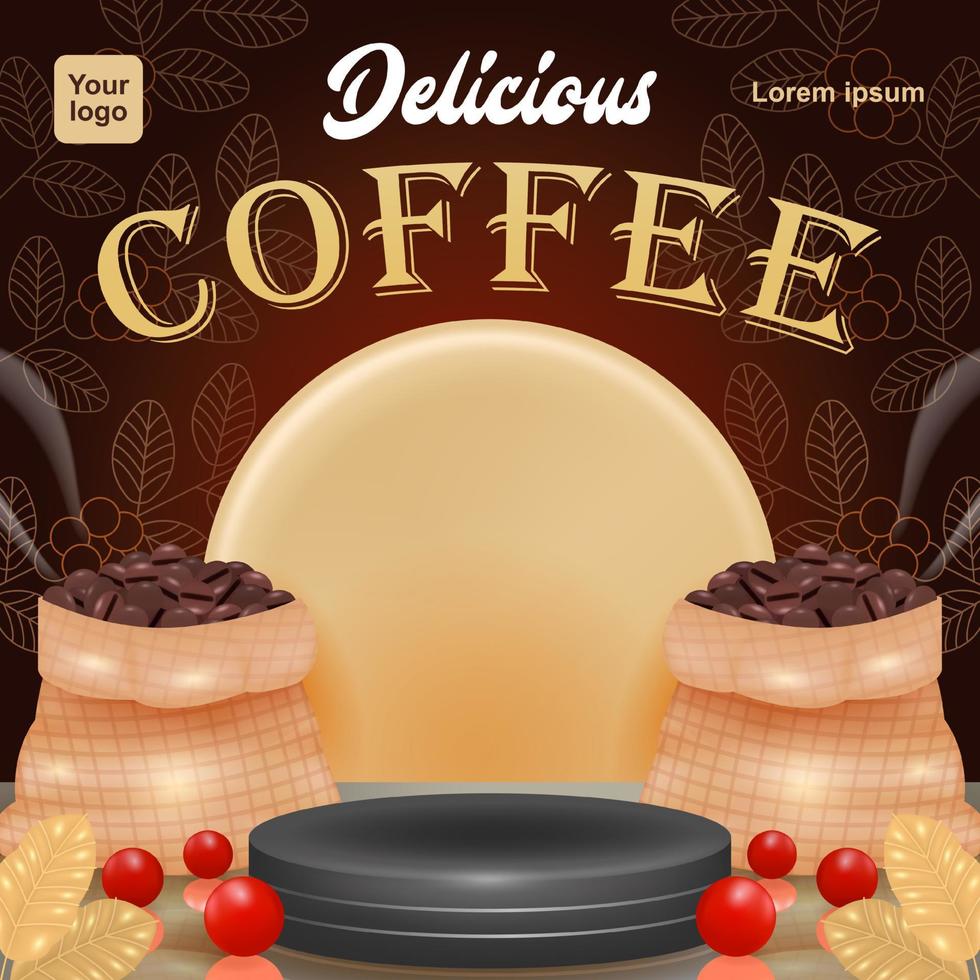 delicioso café, 3d vetor pódio fundo com decorativo café feijões dentro uma saco. pode estar usava para produtos fundo