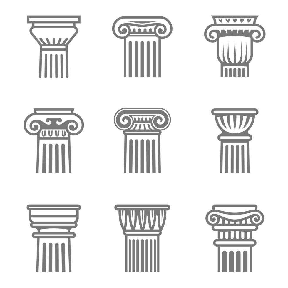 conjunto de ícone de colunas antigas nas cores preto e branco. vetor