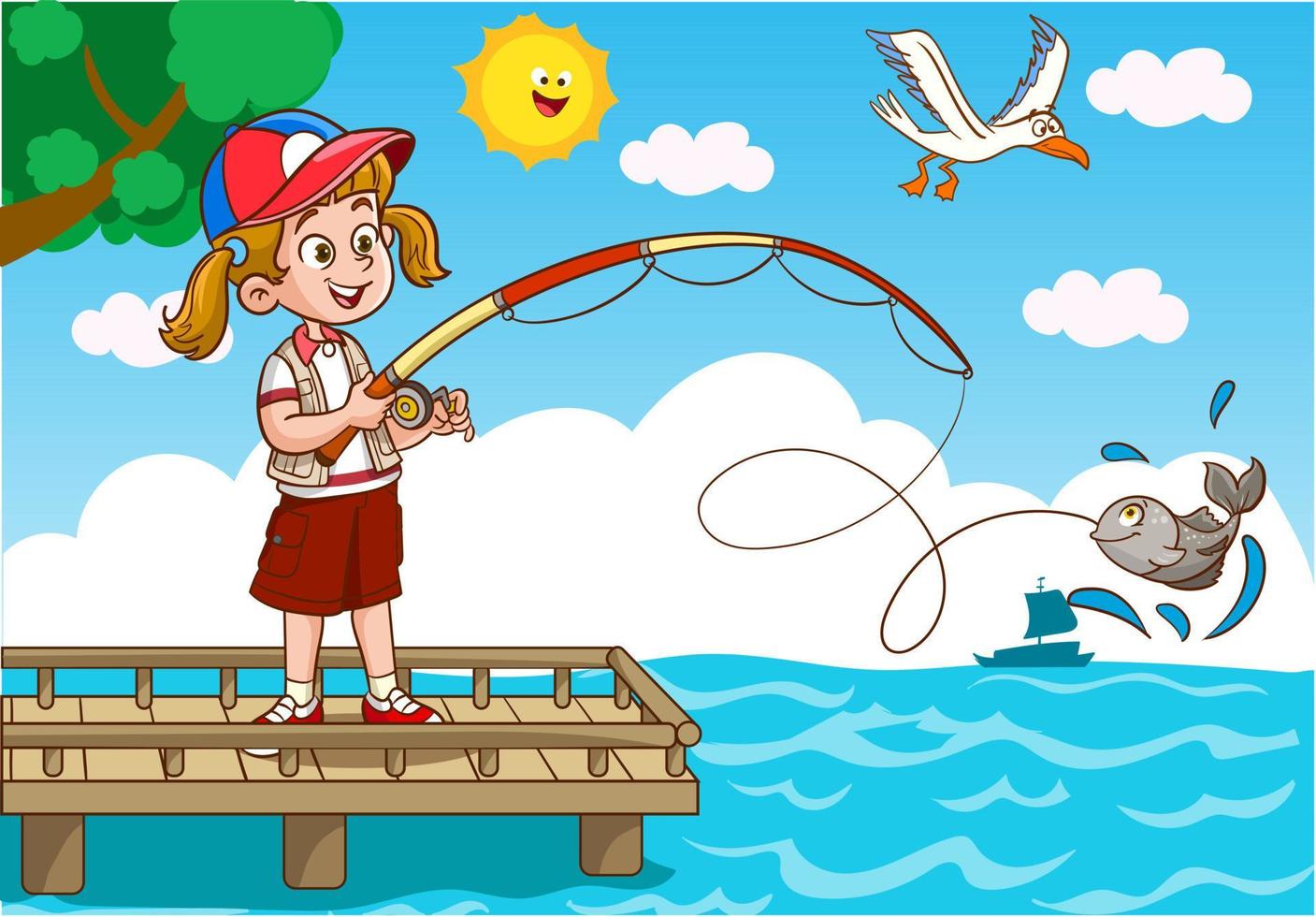 crianças pescaria dentro a mar desenho animado vetor