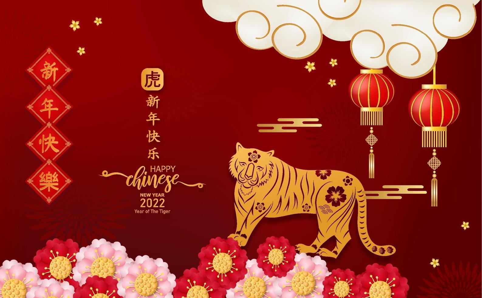 cartão postal feliz ano novo chinês 2022. ano do tigre. tradução chinesa é feliz ano novo chinês, ano do tigre, o comércio é lucrativo e os negócios são prósperos. vetor