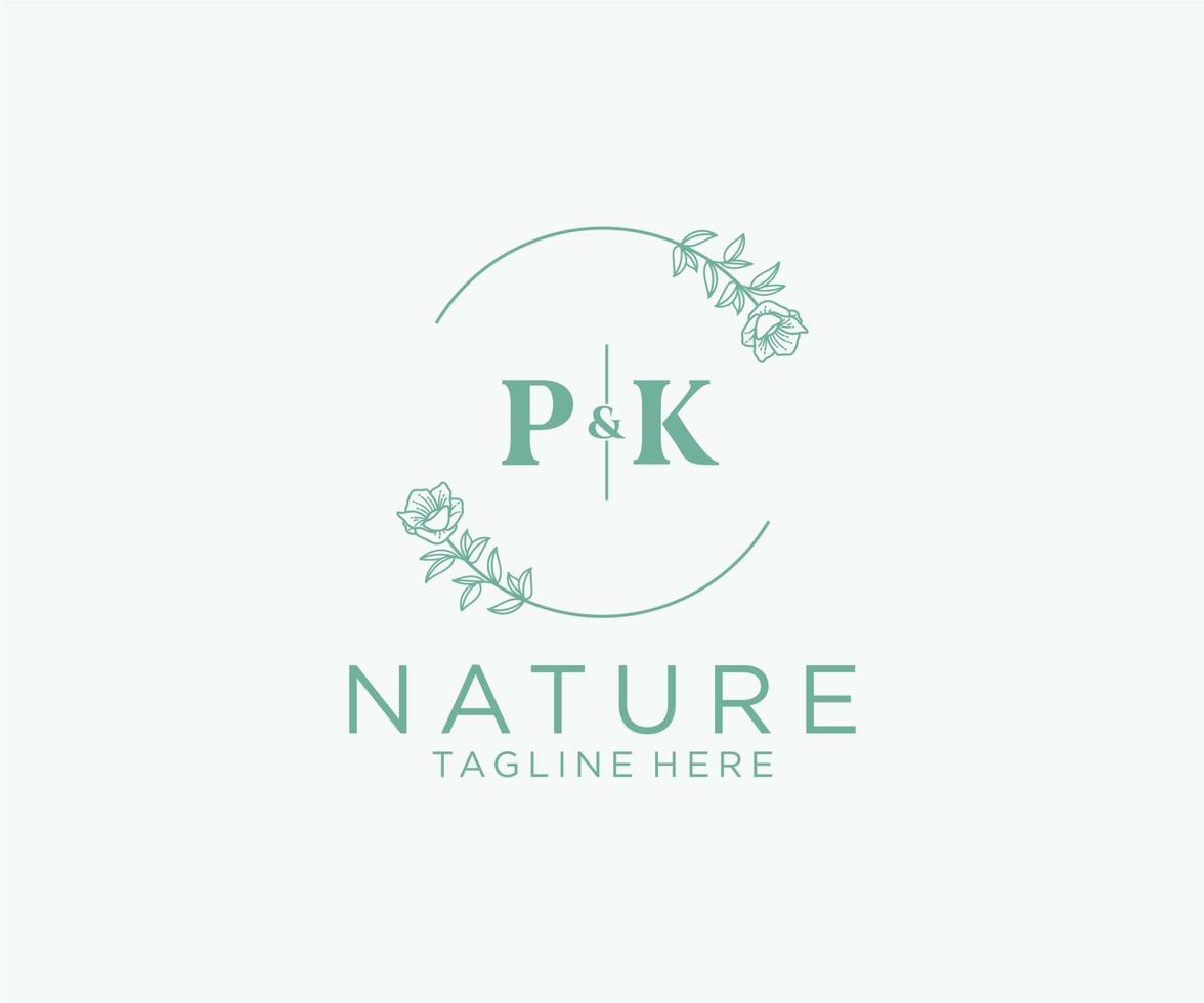 inicial pk cartas botânico feminino logotipo modelo floral, editável premade monoline logotipo adequado, luxo feminino Casamento marca, corporativa. vetor