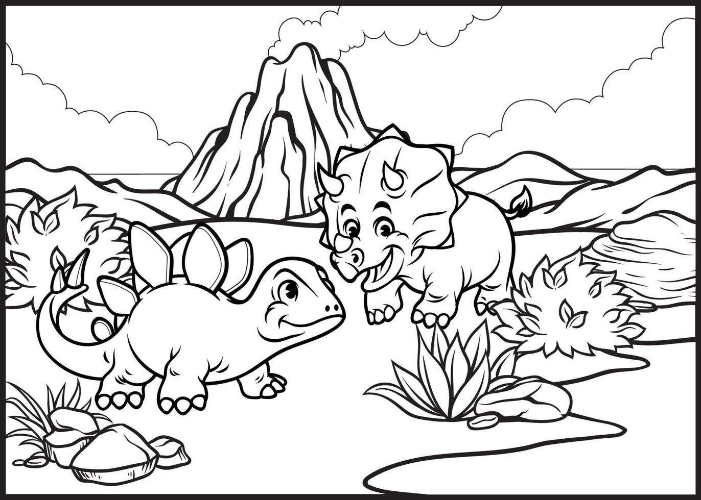 coloração página do desenho animado triceratops e estegossauros vetor