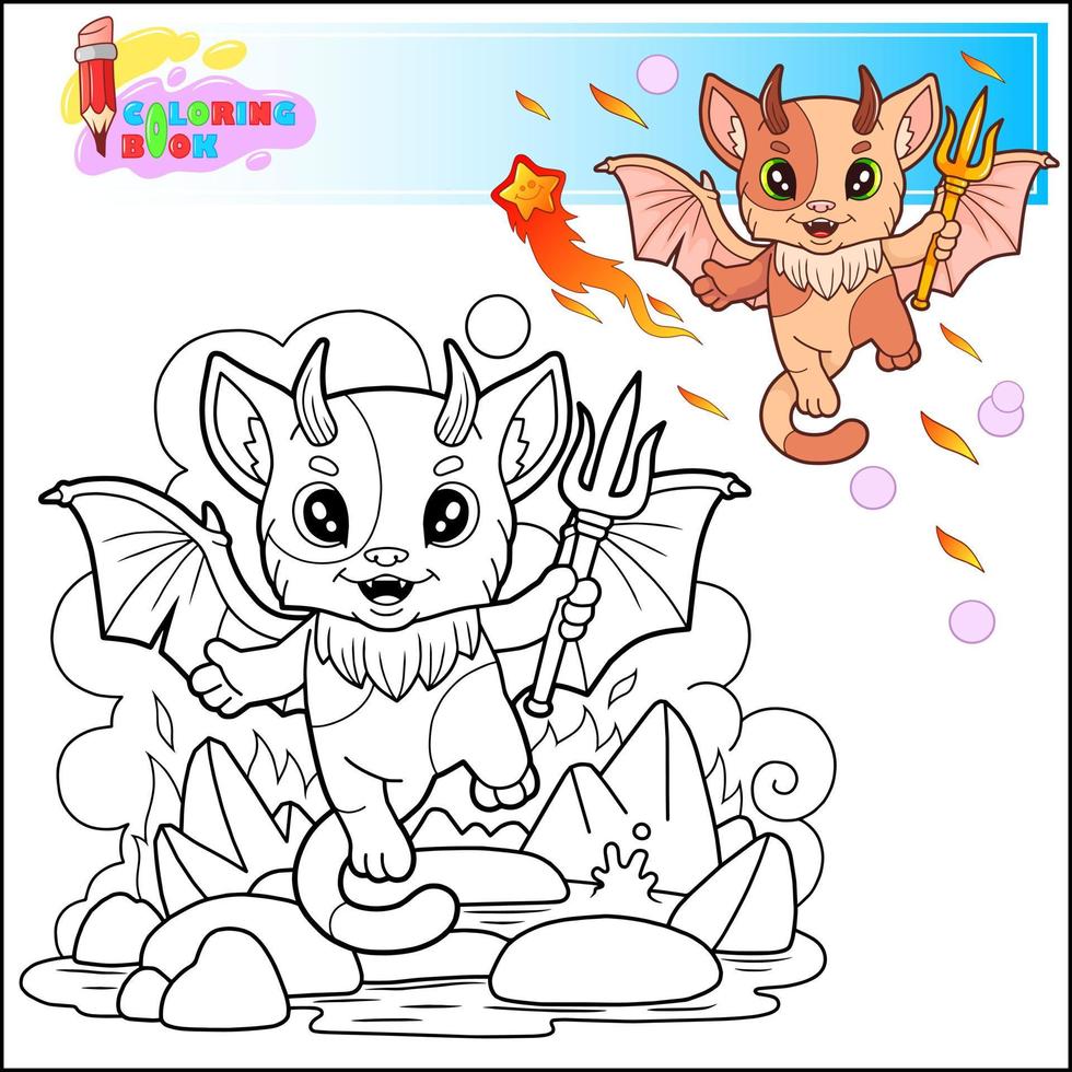 fofa desenho animado gato demônio coloração livro vetor