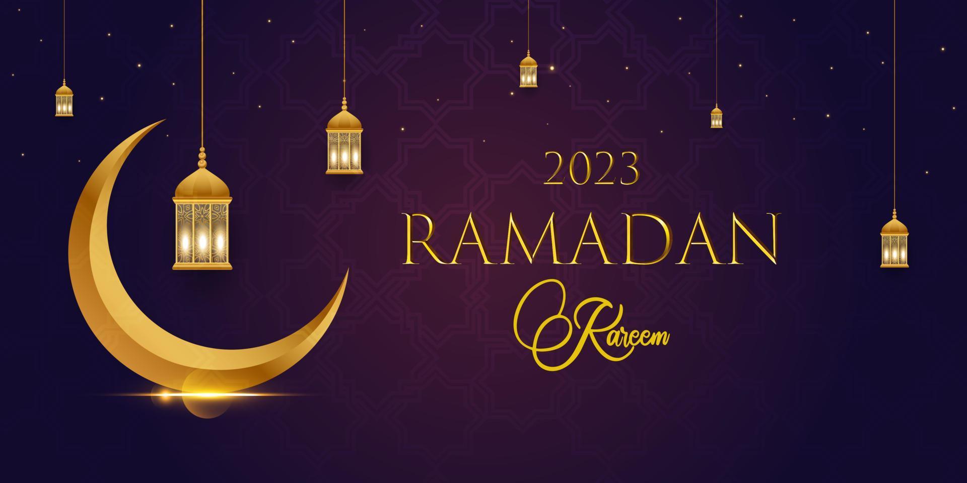 Ramadã kareem dentro ouro 3d conceito bandeira em Sombrio fundo com lindo arabesco padronizar. vetor ilustração. suspensão dourado árabe tradicional lanternas e estrelas.