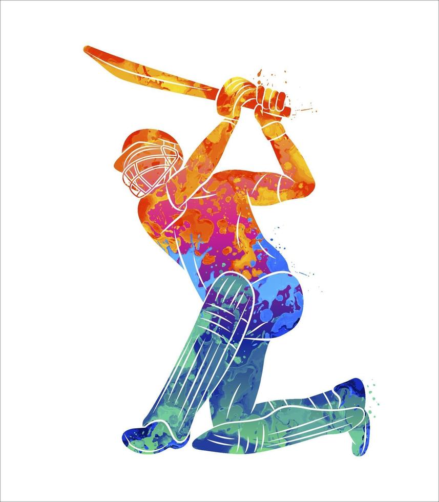 batedor abstrato jogando críquete com respingos de aquarelas. ilustração vetorial de tintas vetor