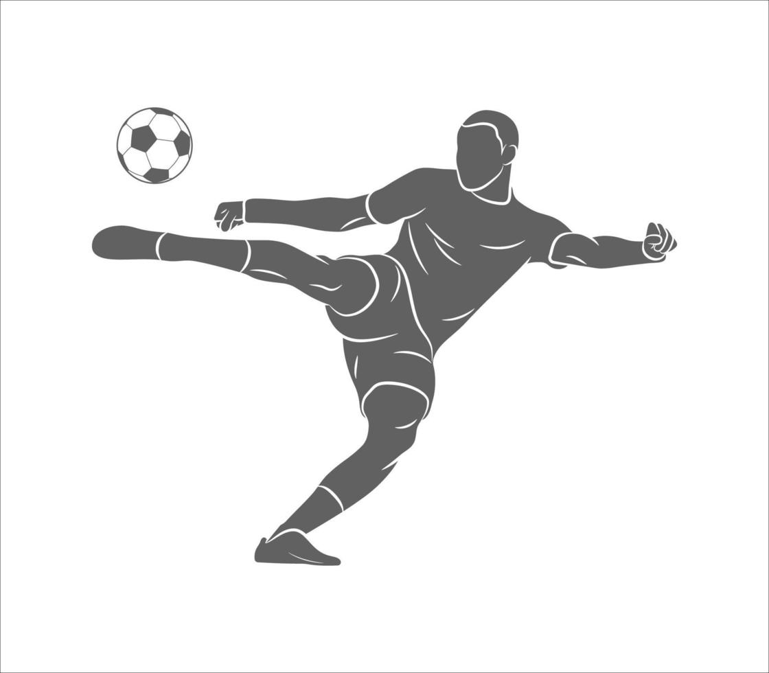 silhueta jogador de futebol rápido, atirando uma bola em um fundo branco. ilustração vetorial vetor