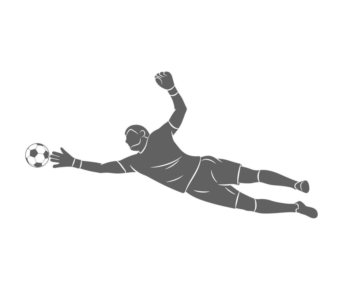 o goleiro do futebol silhueta está pulando para a bola. futebol em um fundo branco. ilustração vetorial vetor