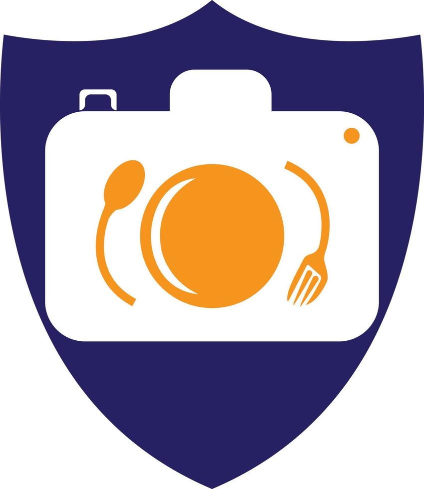 Comida foto vetor logotipo modelo. isto Projeto usar Câmera logotipo com placa, colher e garfo. adequado para negócios, fotografia, vlog