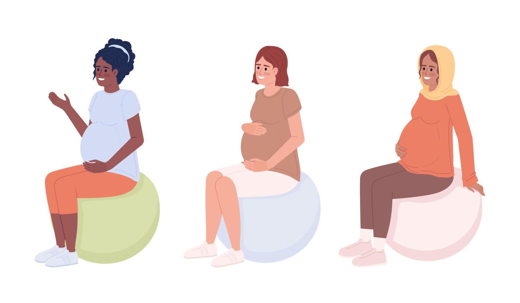 grávida mulheres usando nascimento bolas semi plano cor vetor personagens pacote. editável figuras. cheio corpo pessoas em branco. simples desenho animado estilo local ilustração conjunto para rede gráfico Projeto e animação