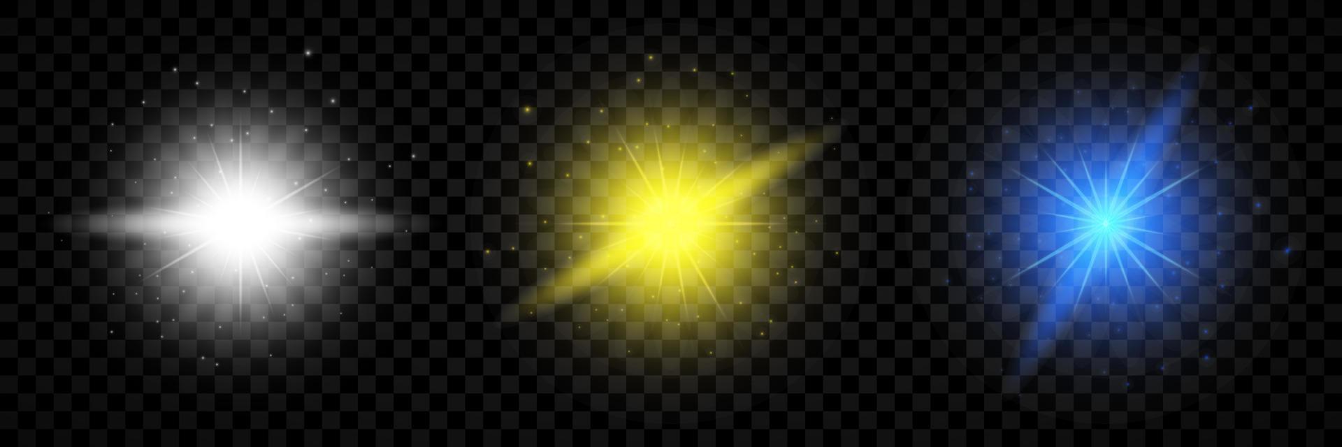 efeito de luz de reflexos de lente. conjunto de três luzes brilhantes brancas, amarelas e azuis efeitos starburst com brilhos vetor