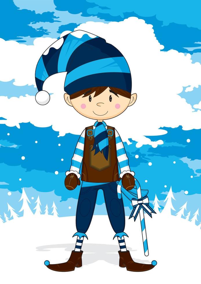 fofa desenho animado Natal duende dentro lanoso chapéu com doce bengala vetor