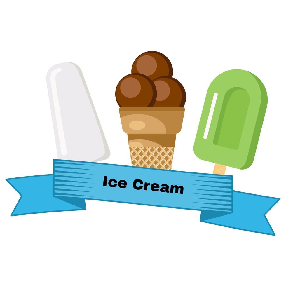 três sorvetes diferentes envoltos em fita azul com o sorvete de inscrição. ilustração vetorial vetor
