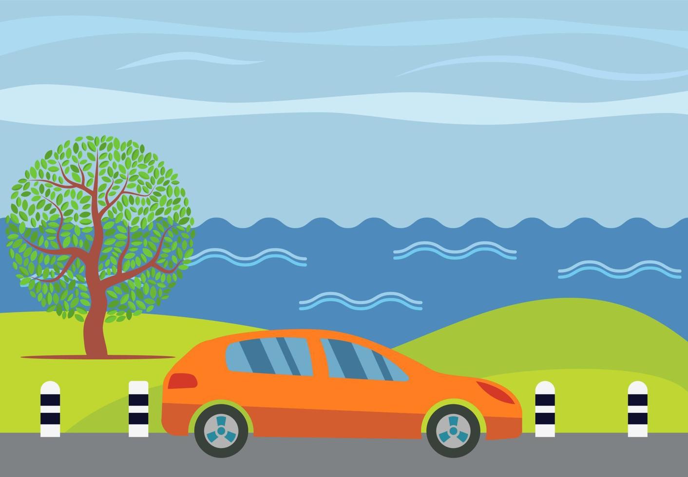 carro laranja na estrada tendo como pano de fundo o mar e a árvore verde. ilustração vetorial. vetor