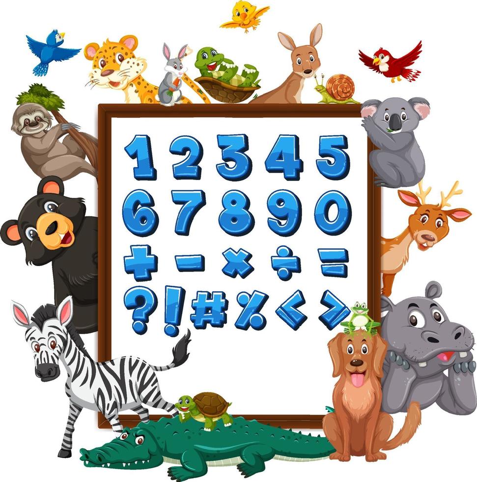 números de 0 a 9 e símbolos matemáticos no banner com animais selvagens vetor