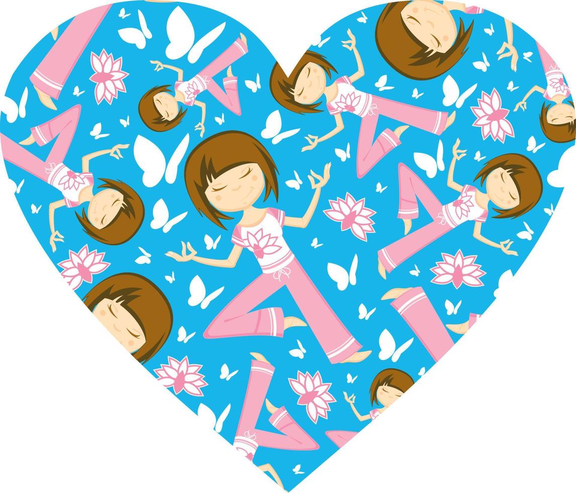 desenho animado ioga menina com borboletas dentro coração padronizar vetor